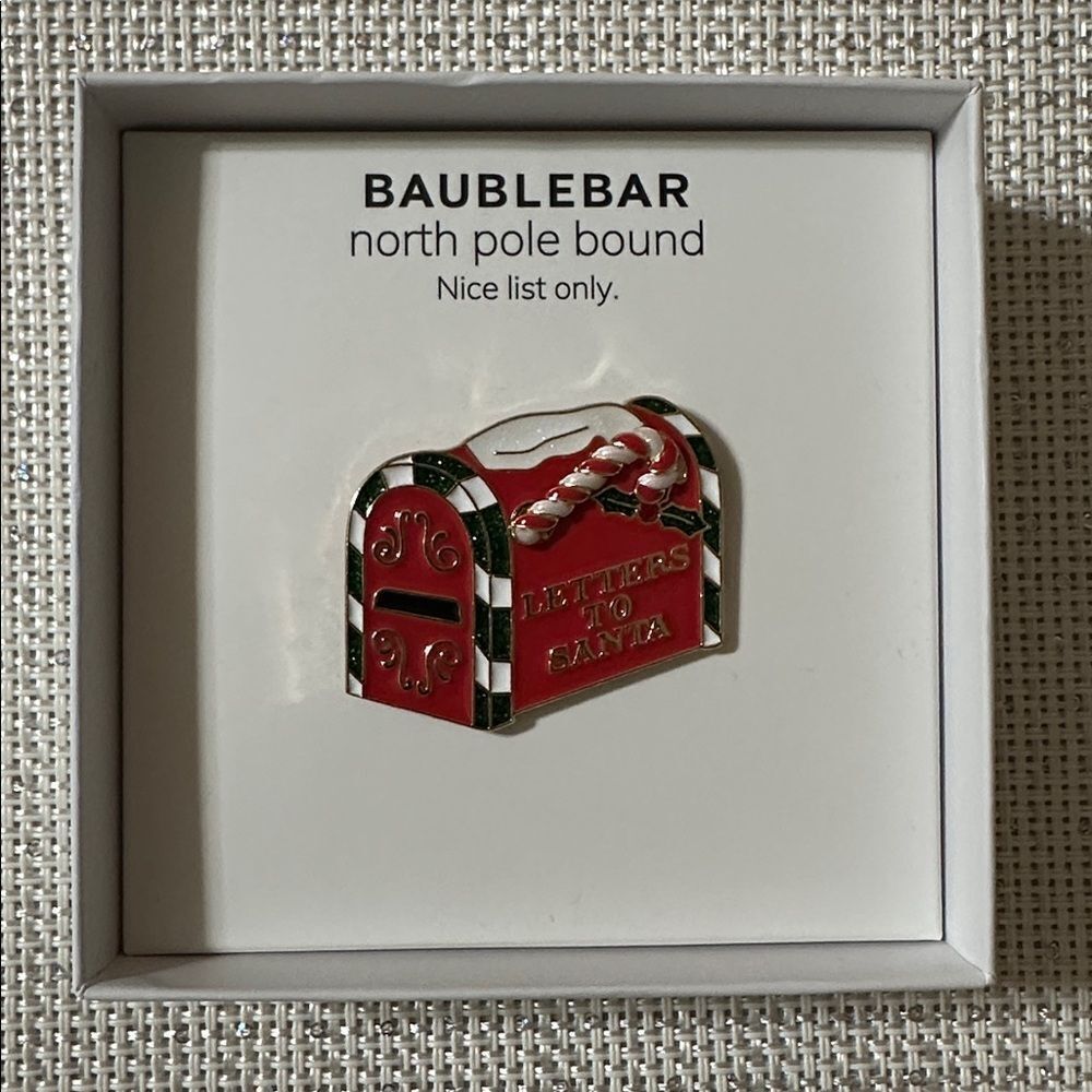 BAUBLEBAR Red Green White Gold Candy Cane Letters to Santa Mailbox Brooch